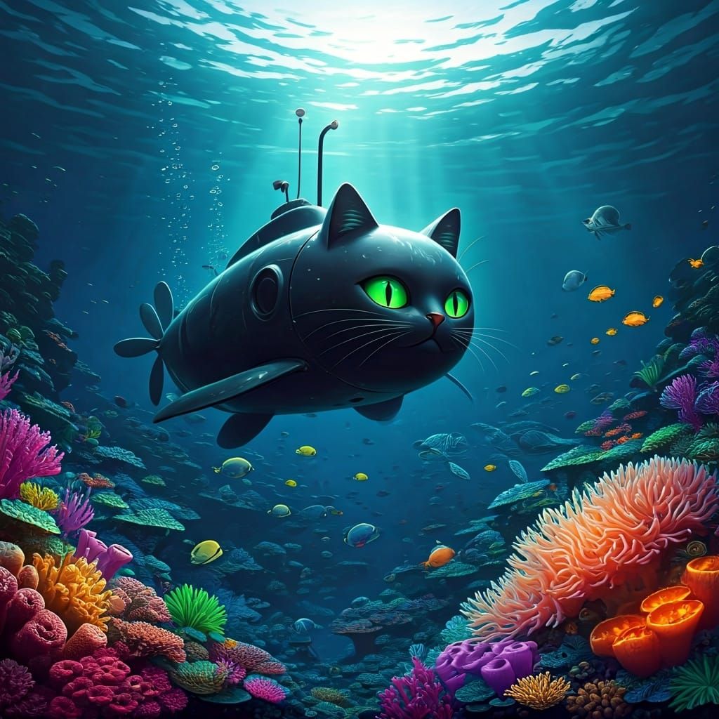 Cat-Submarine Navigates Coral Reef: Hyperrealistic Digital P...