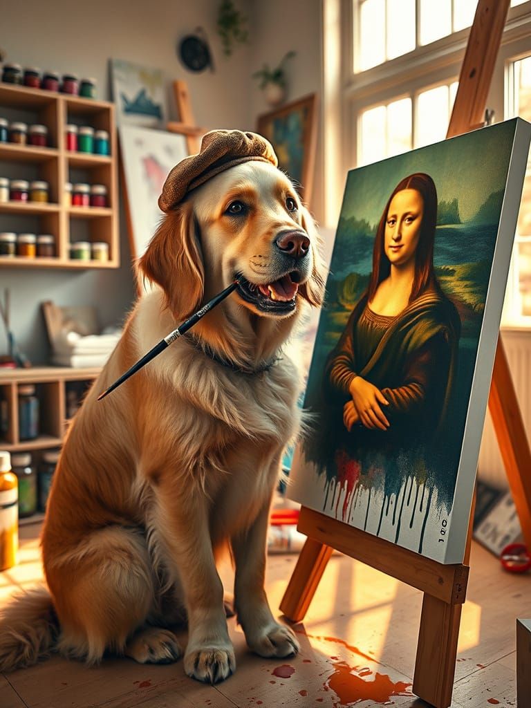 Golden Retriever Paints Whimsical Mona Lisa in Cozy Art Stud...