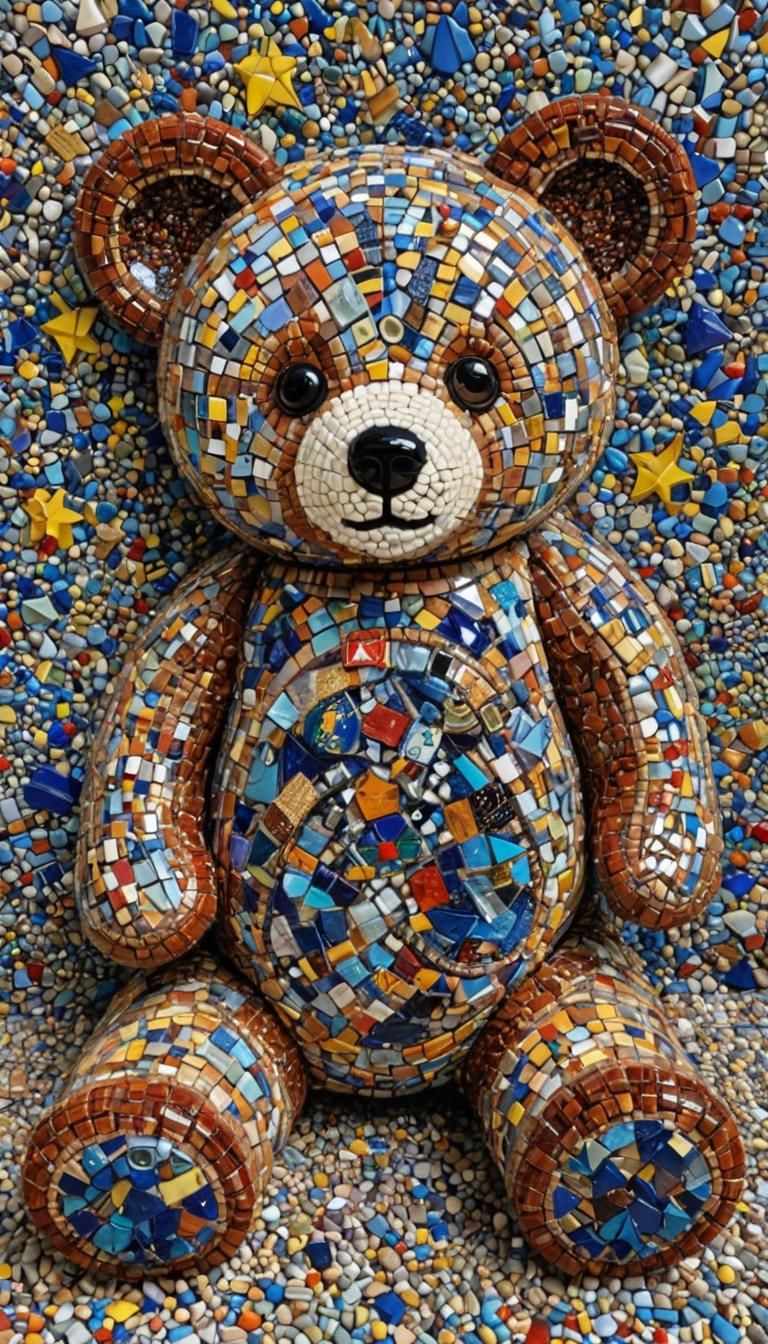 Cosmic Visionary Teddy Bear in Earthy Glass Micromosaic Styl...