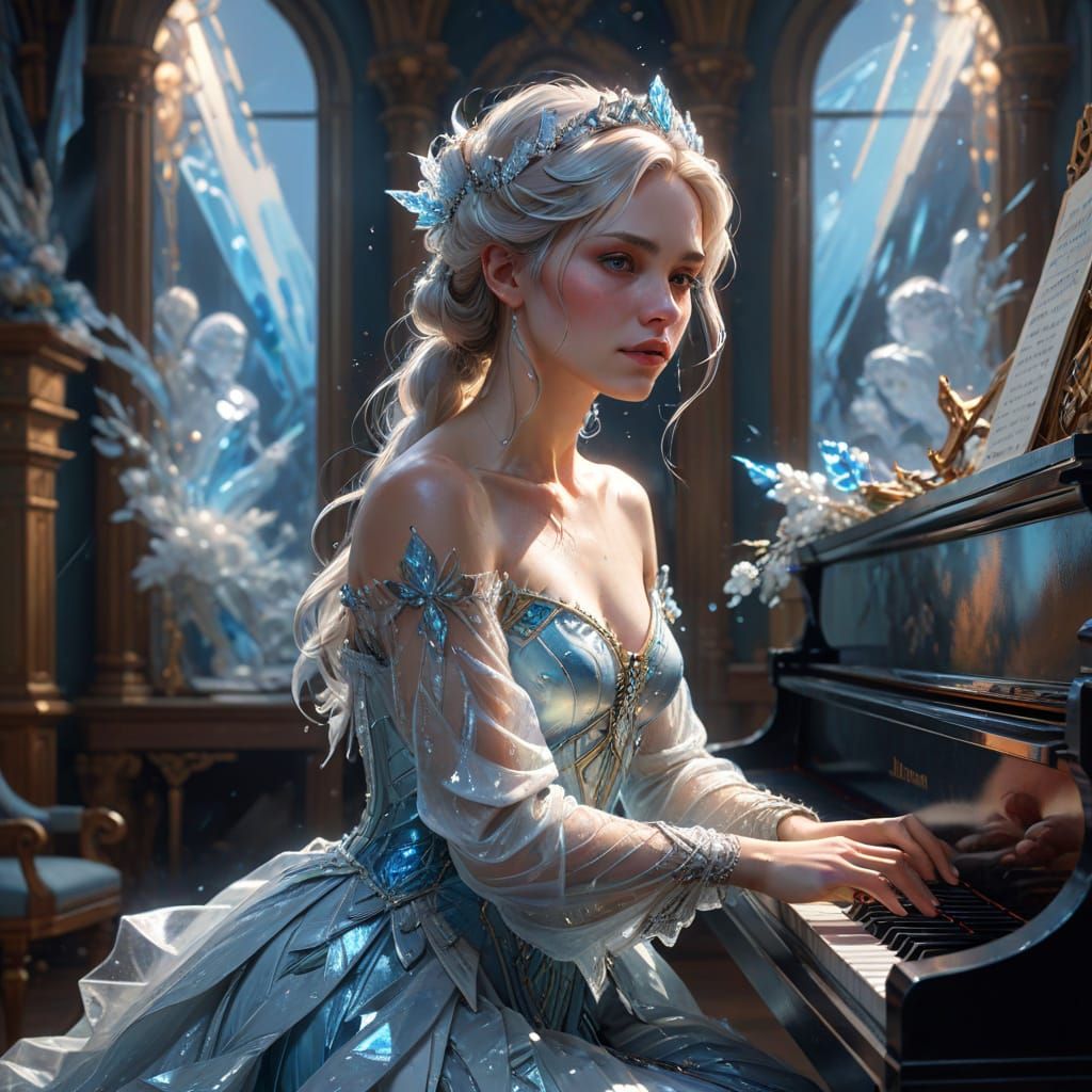 Ice Queen At An Ice Piano In Gouache Watercolor Style
