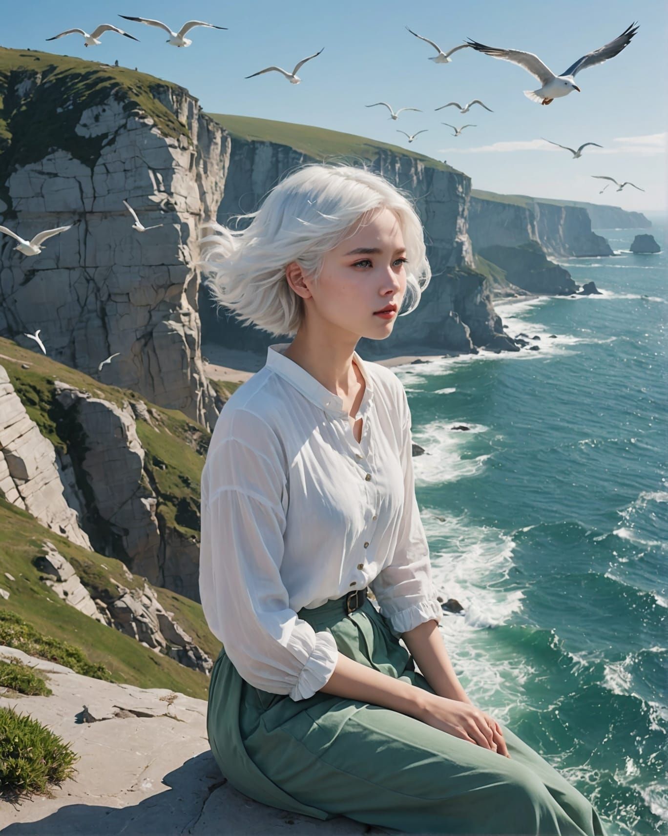 Girl in Whimsical Coastal Scene with Seagulls and Setting Su...