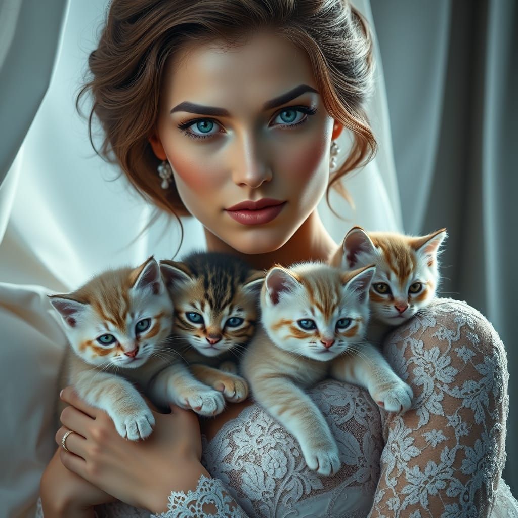 Hyperrealistic Woman Holding Adorable Kittens in Elegant Lac...