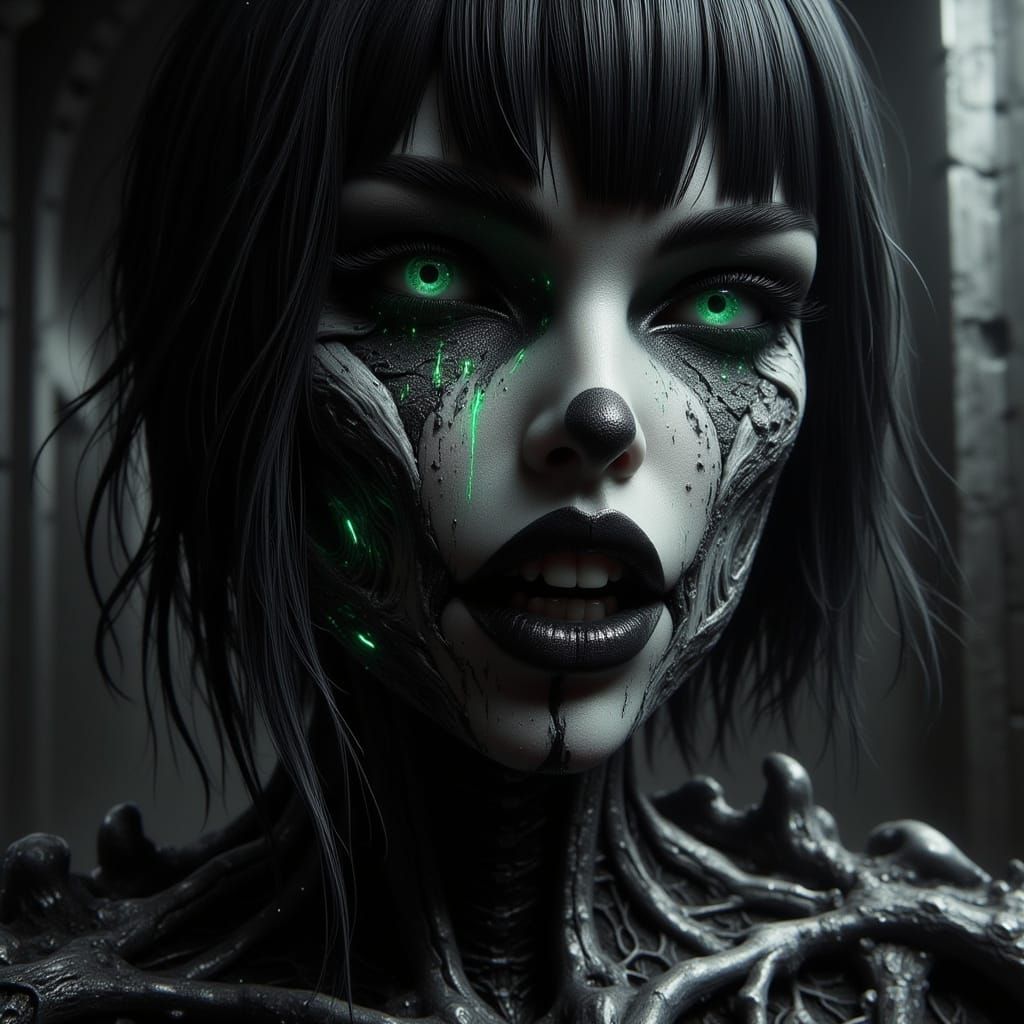 Gothic Woman with Viridescent Accents in Industrial Setting