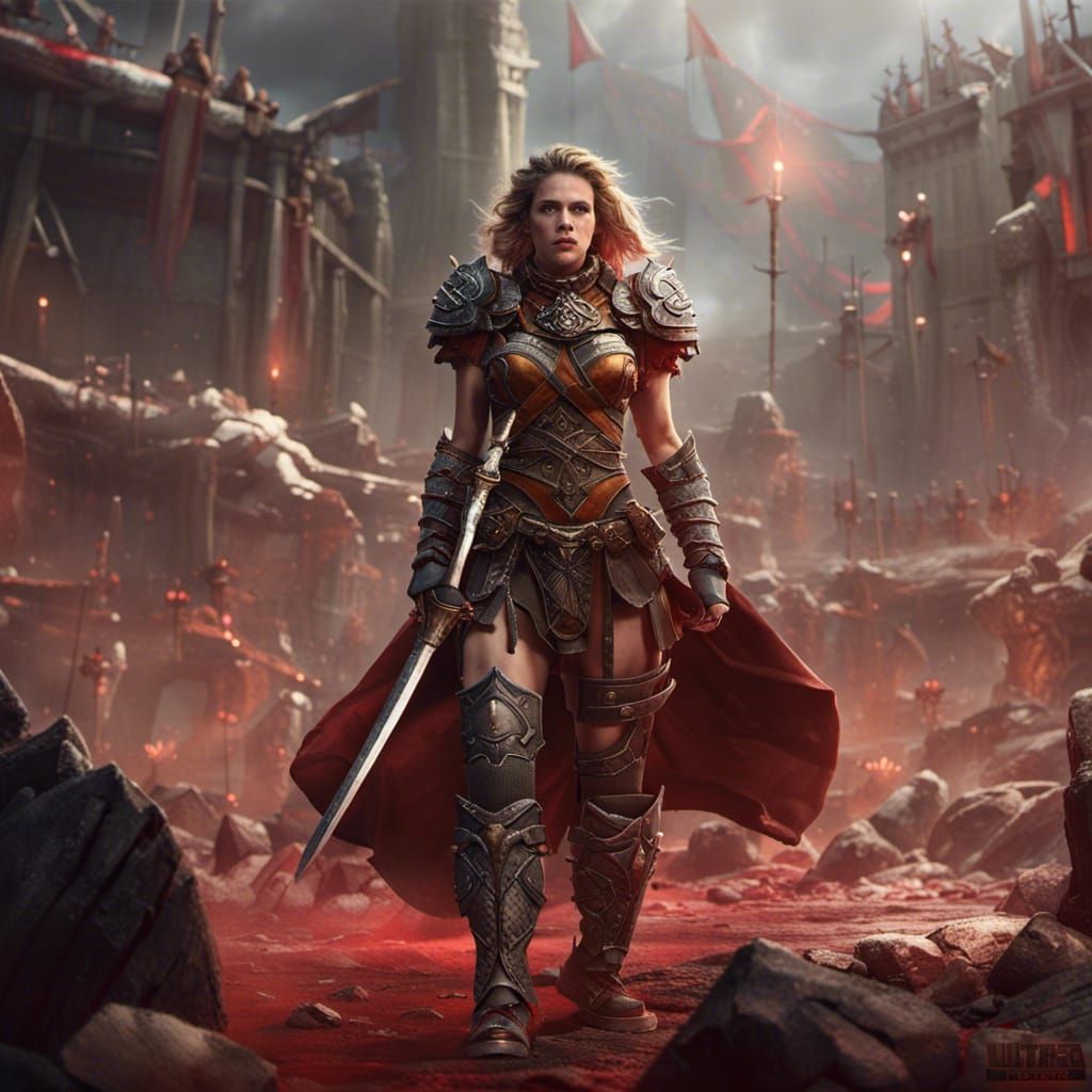 Scarlet Warrior in Fantastical Arena Armor, Sword in Hand, U...