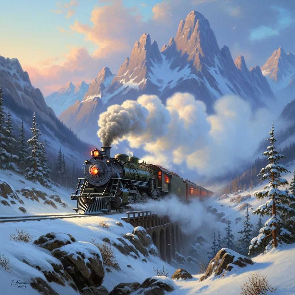 Majestic Steam Train on Snowy Mountain Pass at Dawn