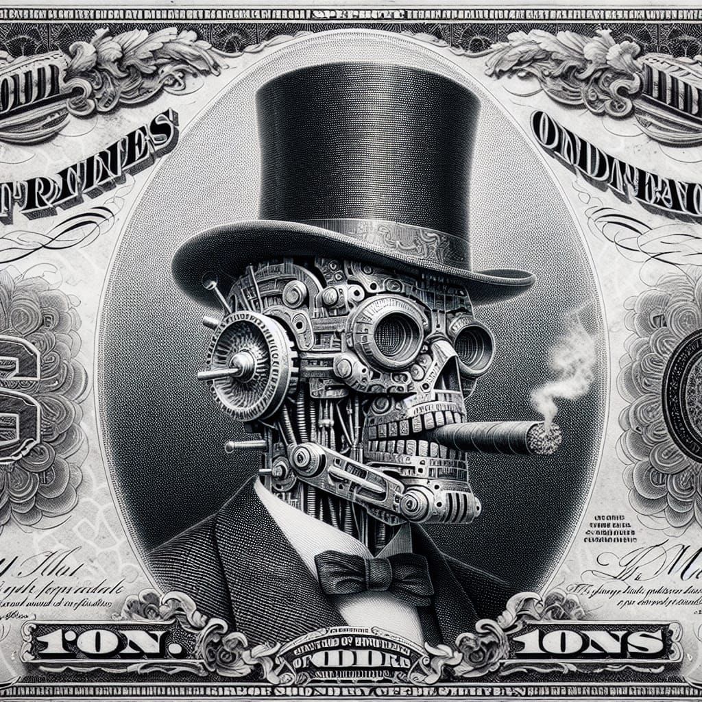 Vintage Futuristic Currency with Robotic Icon
