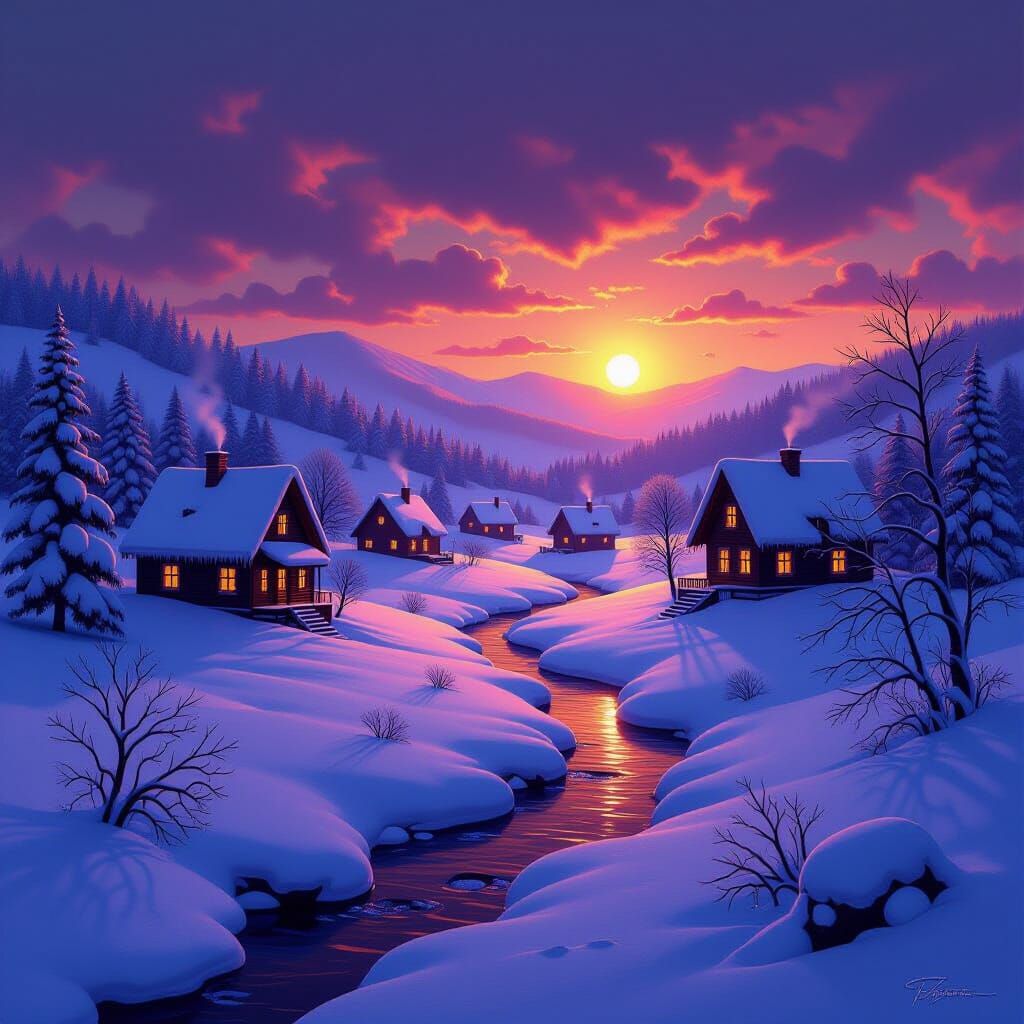 Cozy Winter Sunset Over Snow-Covered Village