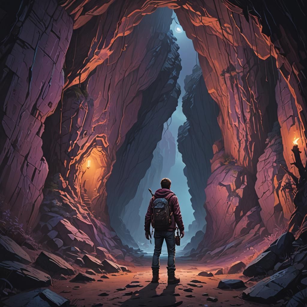 Adventurer at Cave Entrance: Fantasy Art