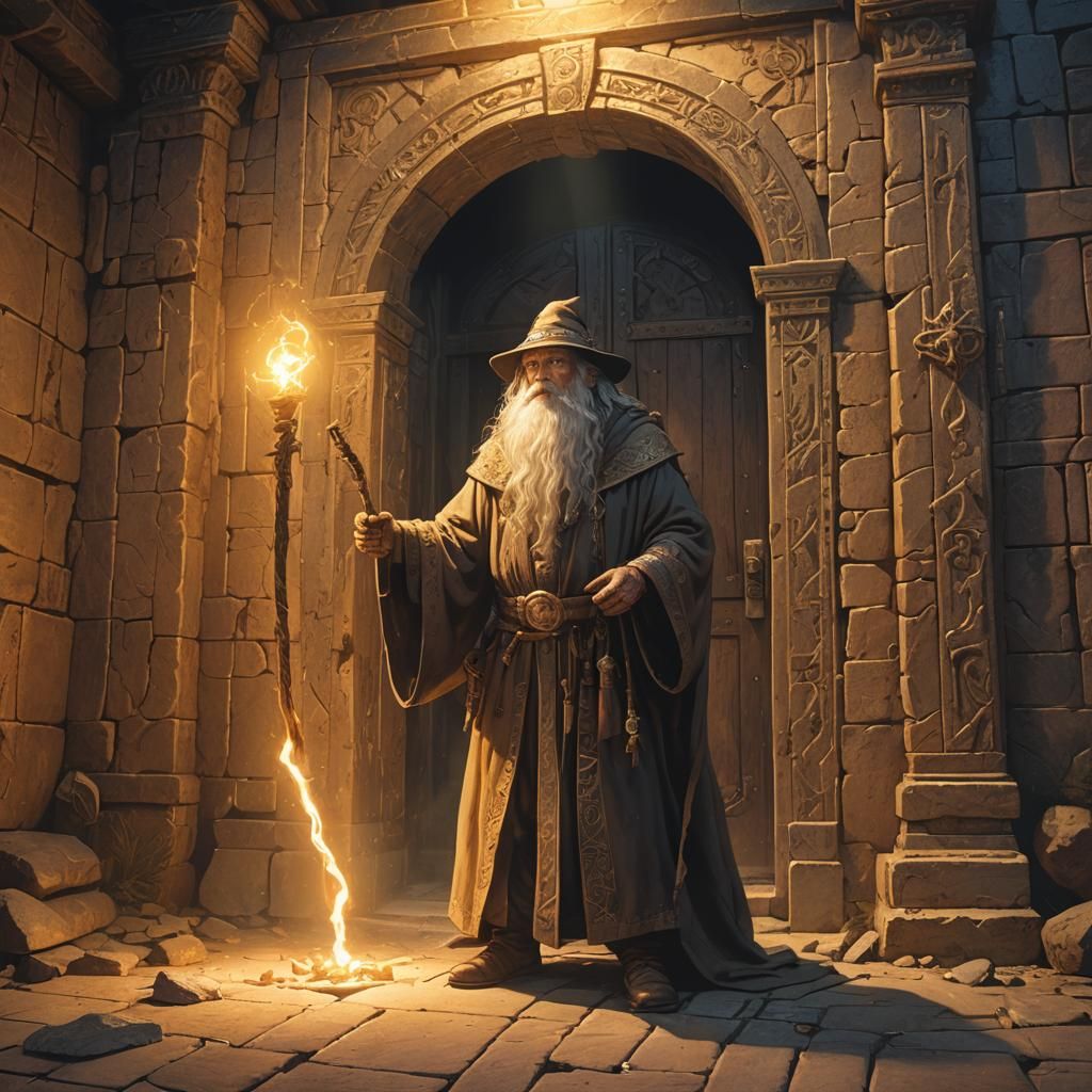 Wizard and Mysterious Door in Ancient Ruins