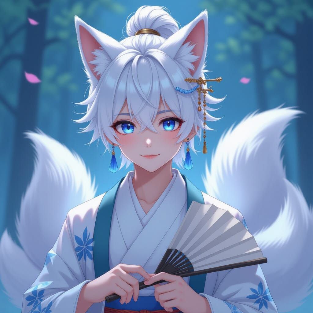 Male Kitsune with Blue Eyes and White Hair in Anime Style