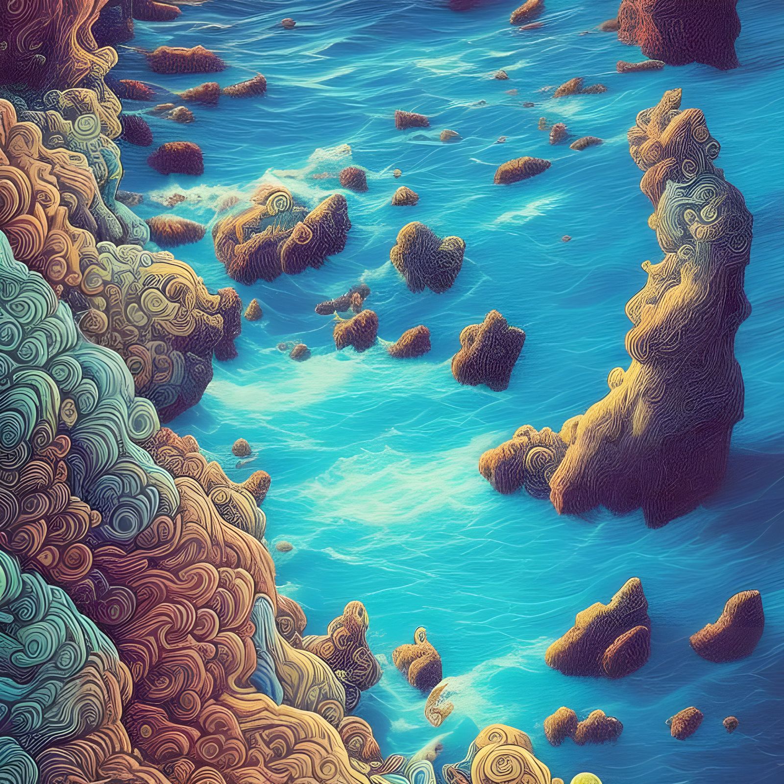 Rolling Turquoise Seascape in Whimsical Style