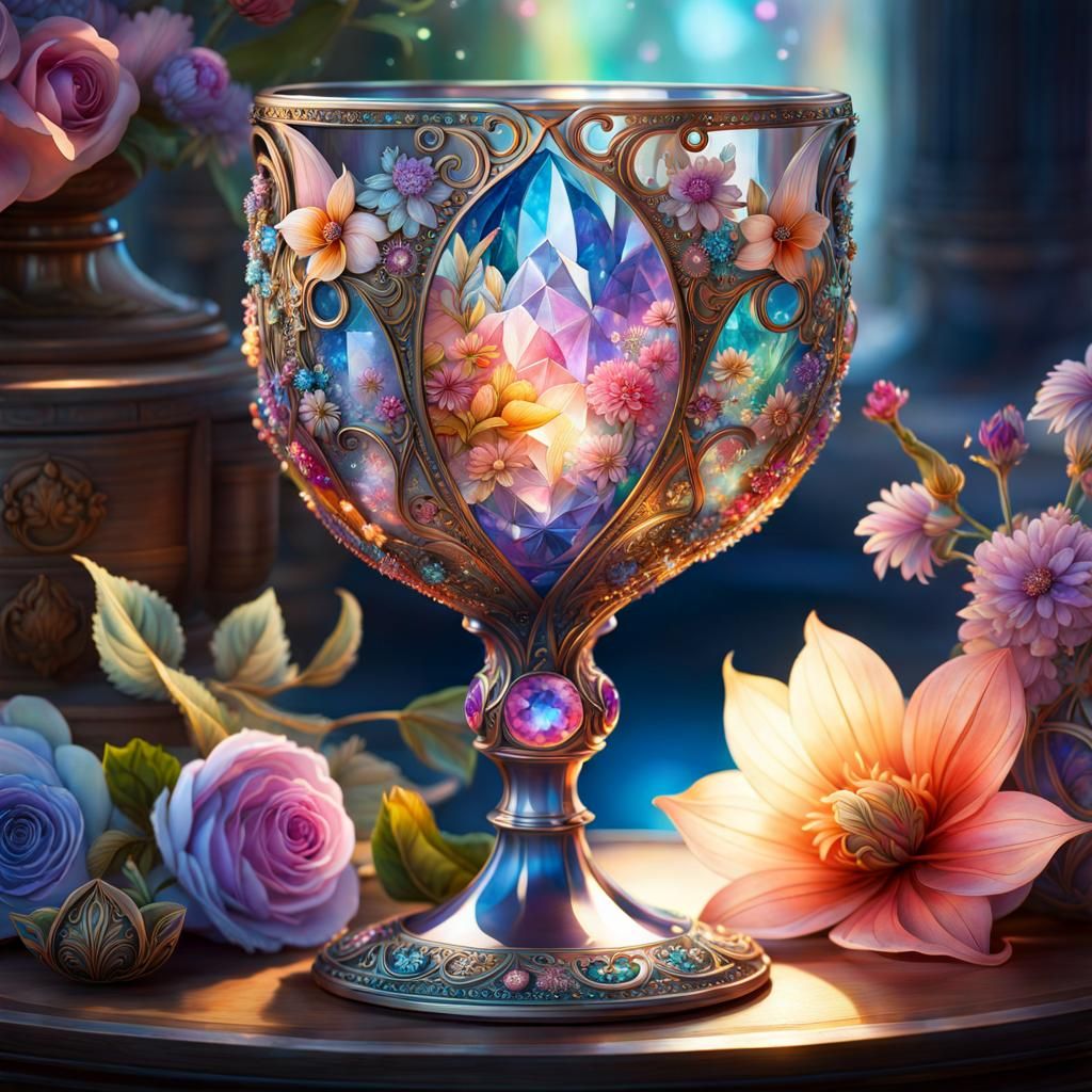 Fantastical Watercolor Goblet Radiant with Crystals and Flow...
