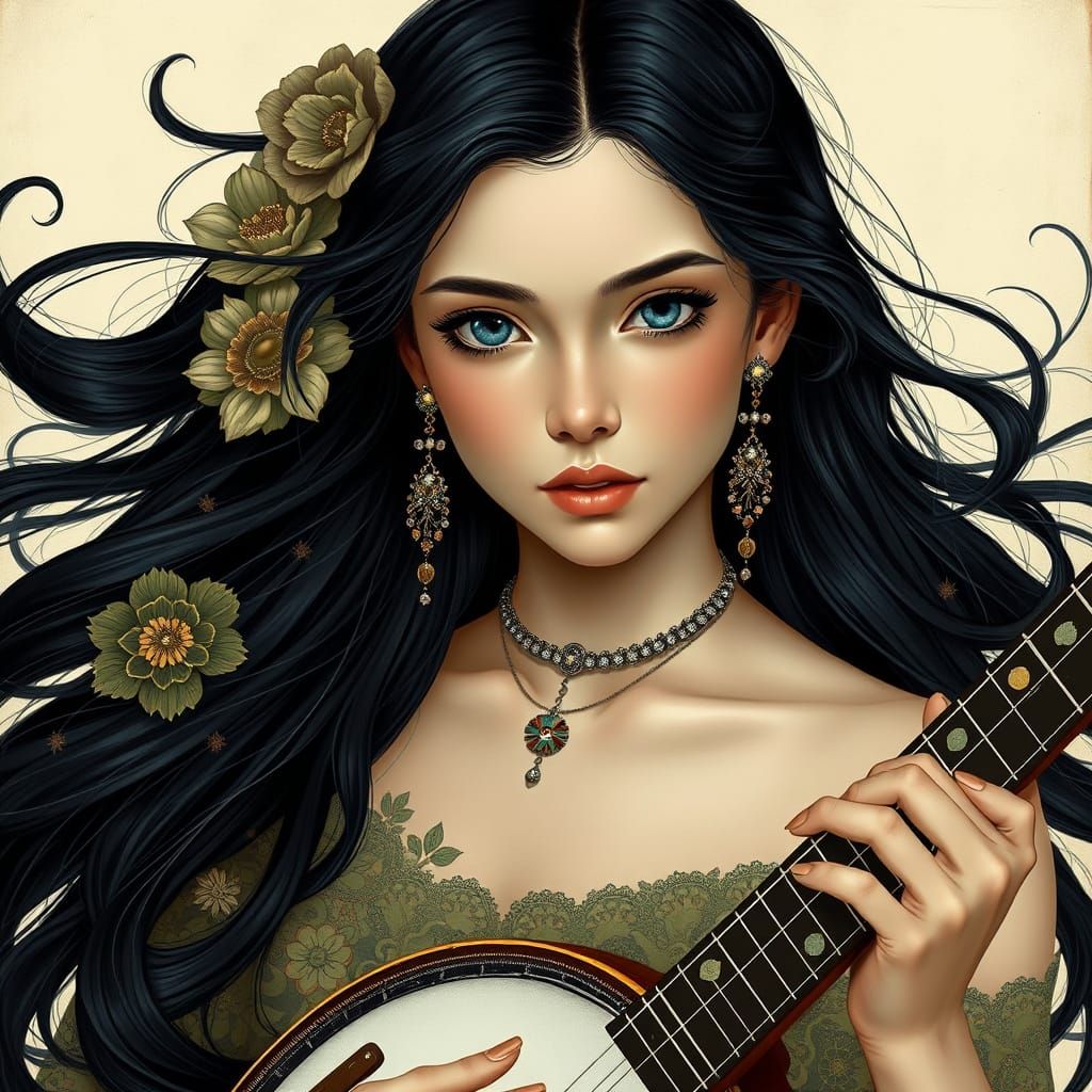 Banjo Player with Blue Eyes in Art Nouveau Style
