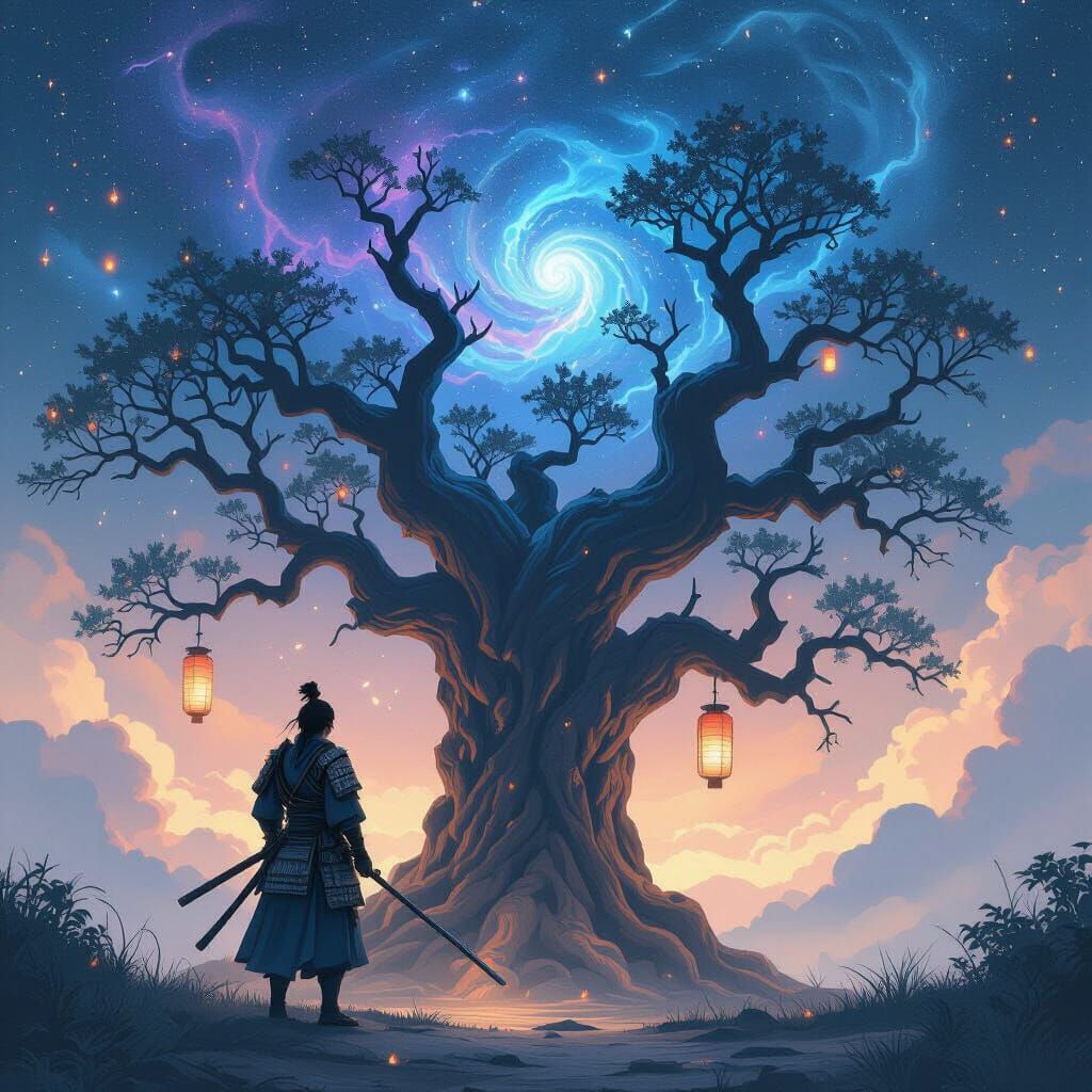 Samurai Warrior Under Nebula Sky in Ink Wash Style