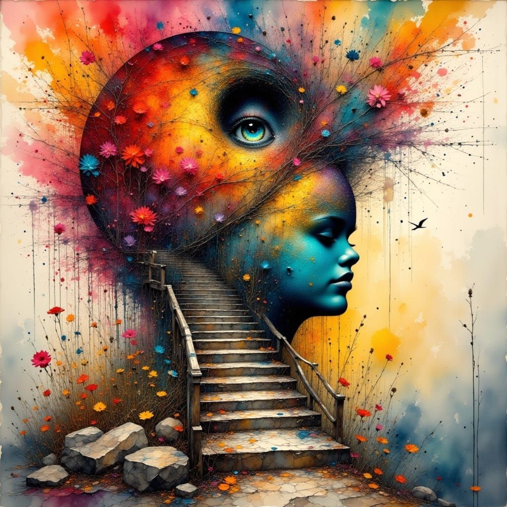 <lora:Antique Watercolor 2:1.0> <lora:Akimora:1.0> <lora:Ink Poet:1.0> Double exposure of a human head