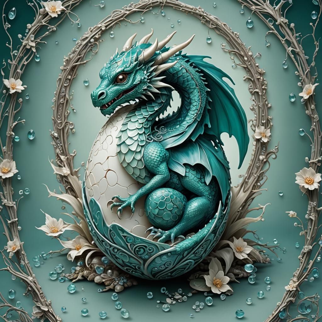 : An ethereal, dragon hatching from a delicate, teal pattern...