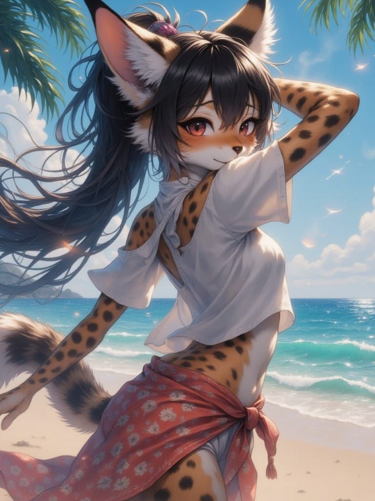 Aesthetic Catgirl Beach Volleyball in Digital Illustration