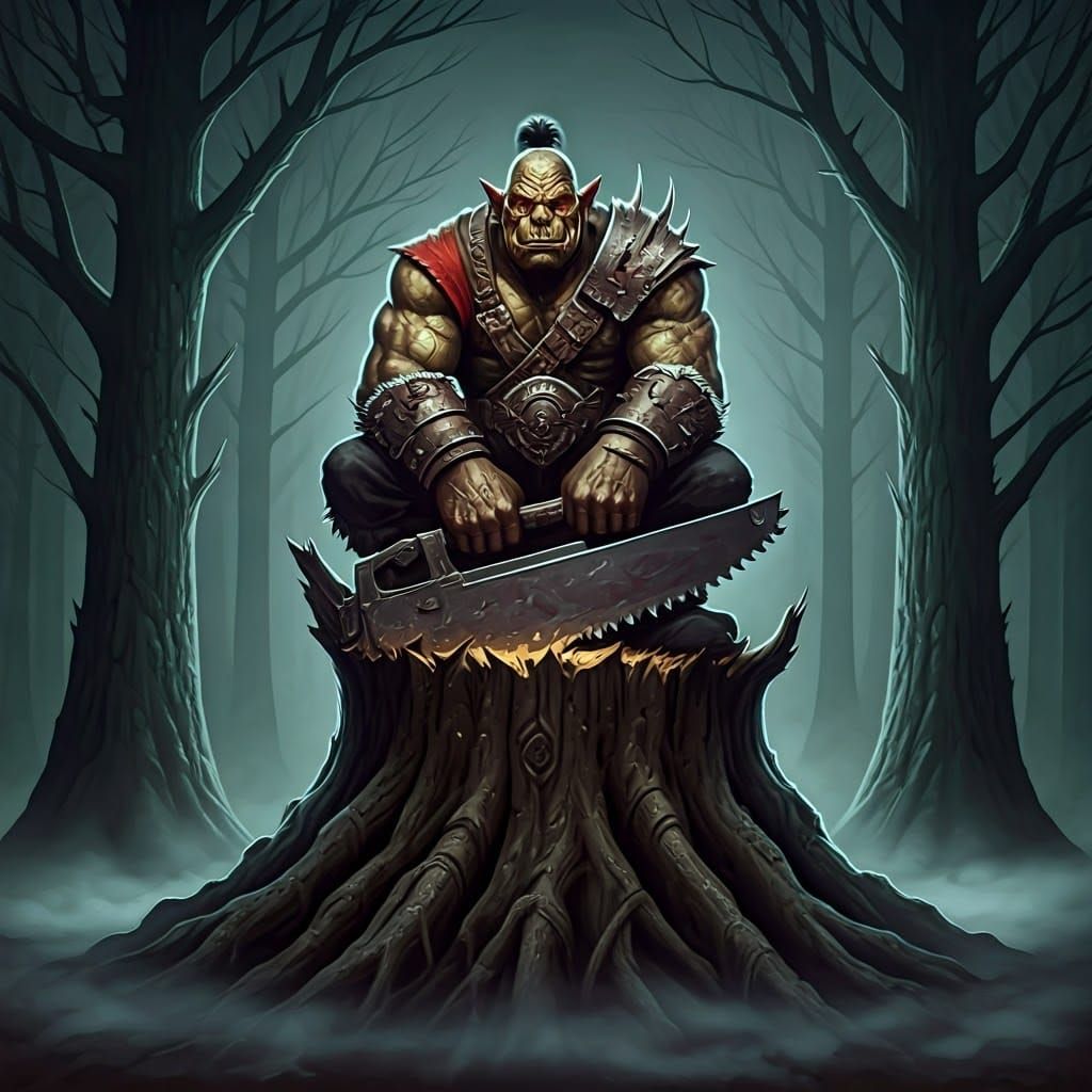 Orc Lumberjack in Dark, Gothic Forest Landscape