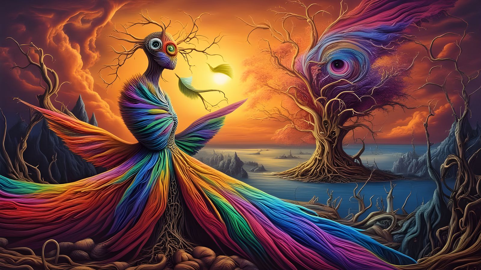 Man Dressed as Moth in Surreal Lightning Landscape