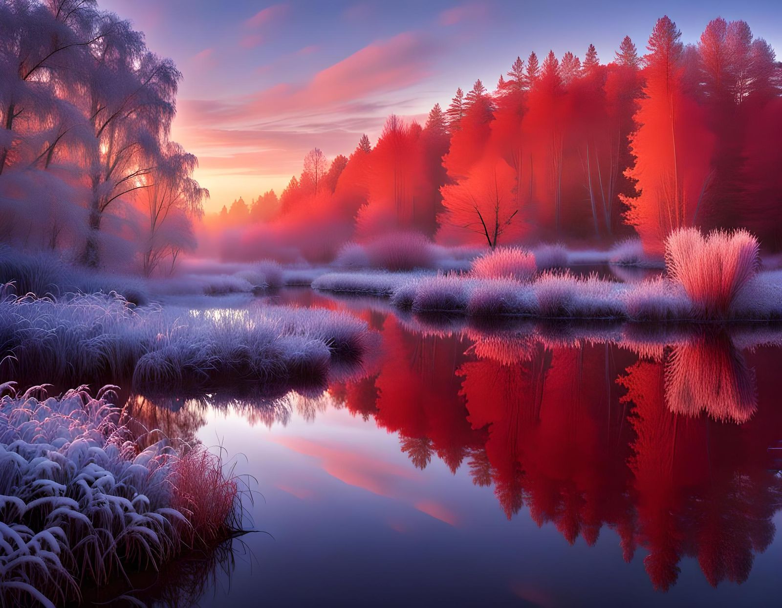 Autumn Sunrise in a Frosty Blueberry Field