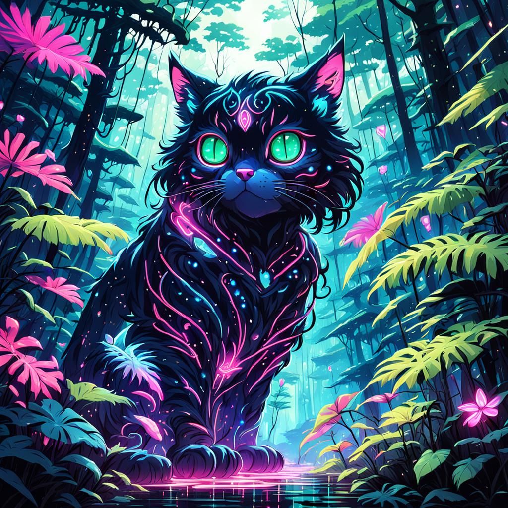 Neon Cat in a Radiant Blacklit Rainforest