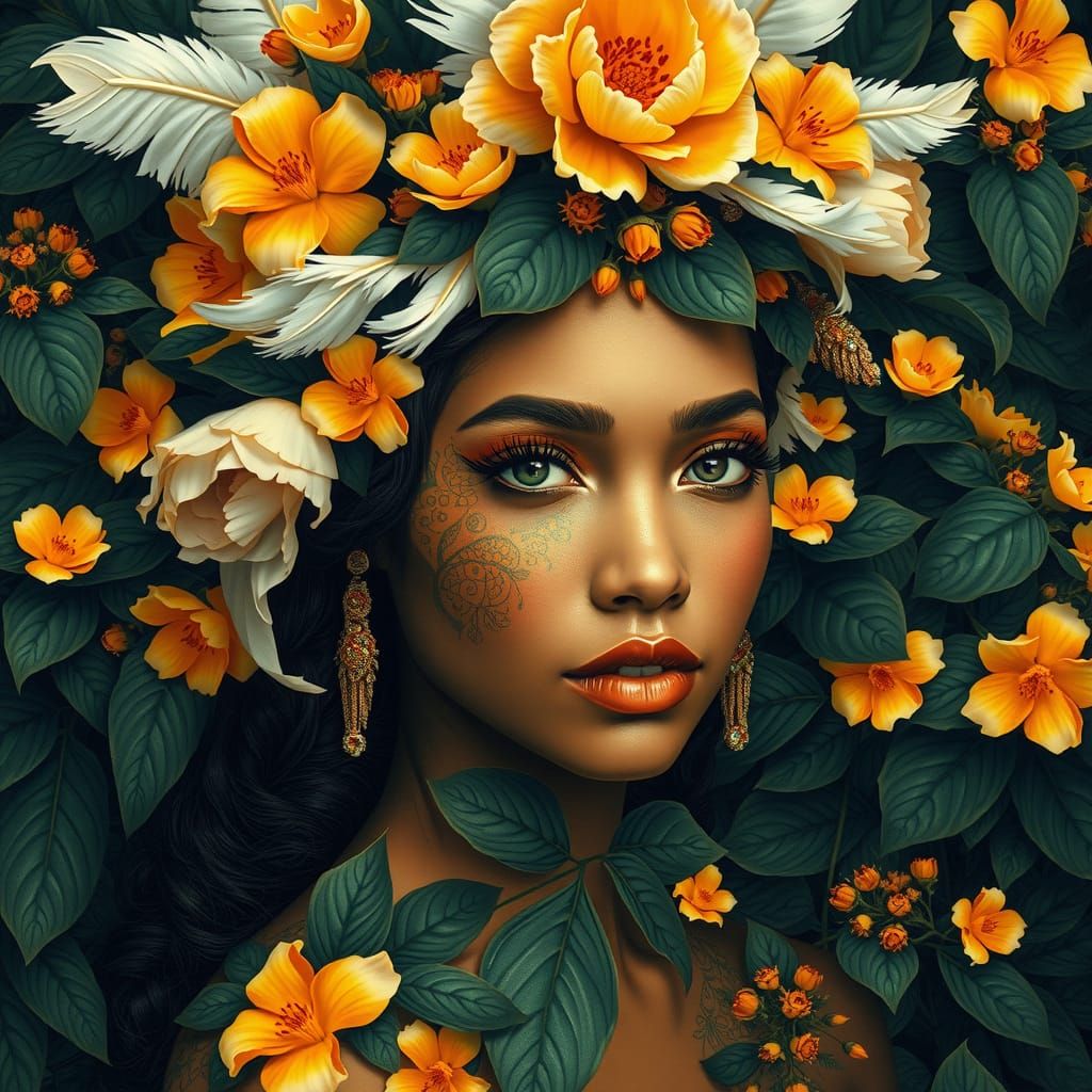 Regal Indigenous Woman in Vibrant Botanical Print