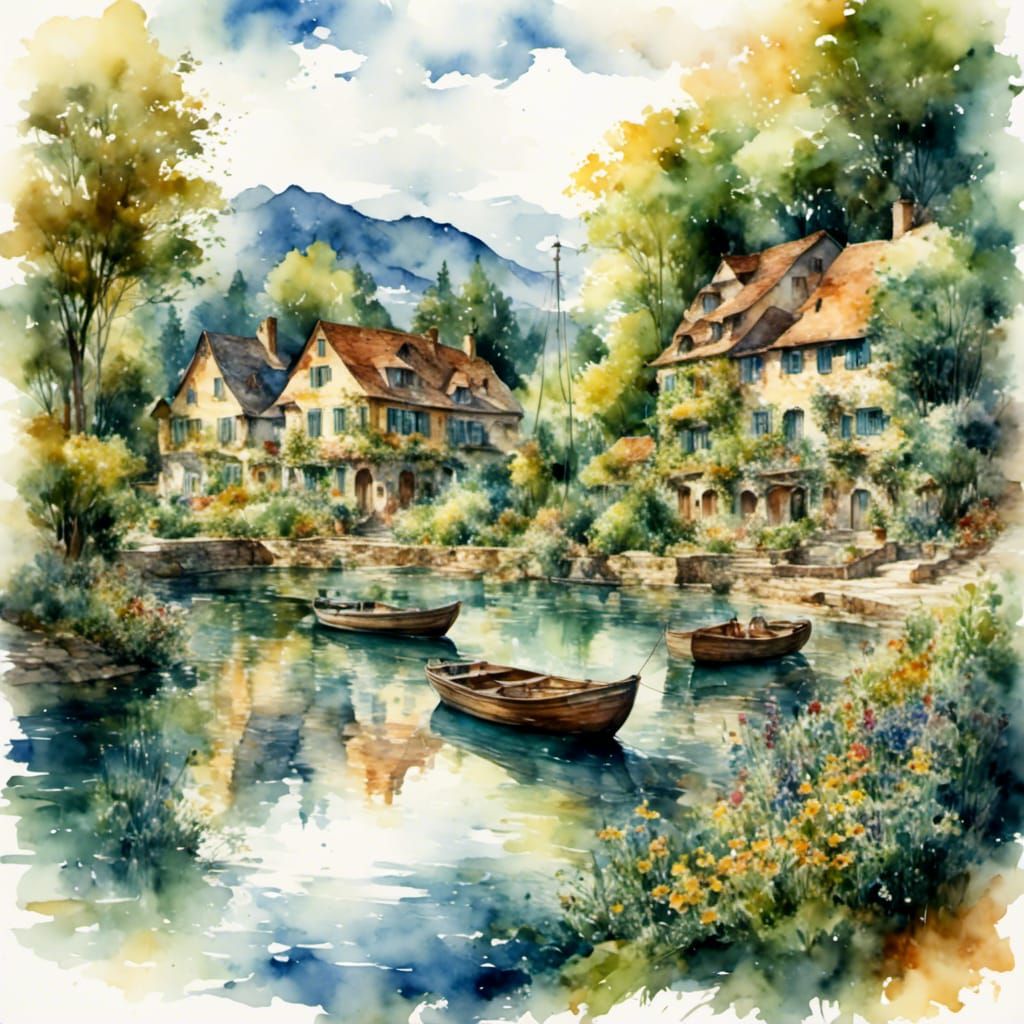 Idyllic Lakeside Haven in Soft Monet-Inspired Light