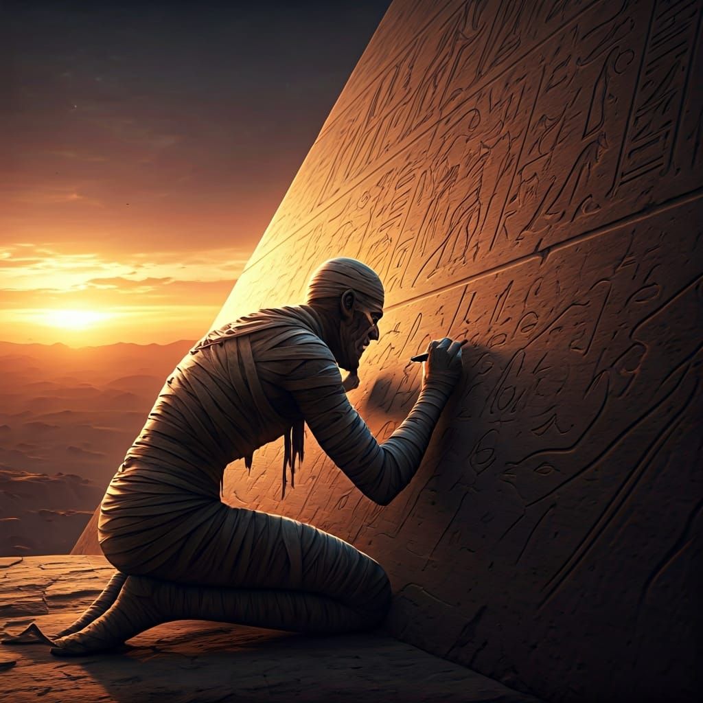 Full shot. An ancient Egyptian mummy scribe with torn wrappi...