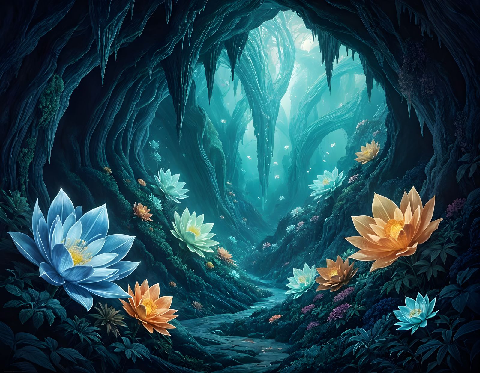 Bioluminescent Cavern on Alien World in Ink Painting Style