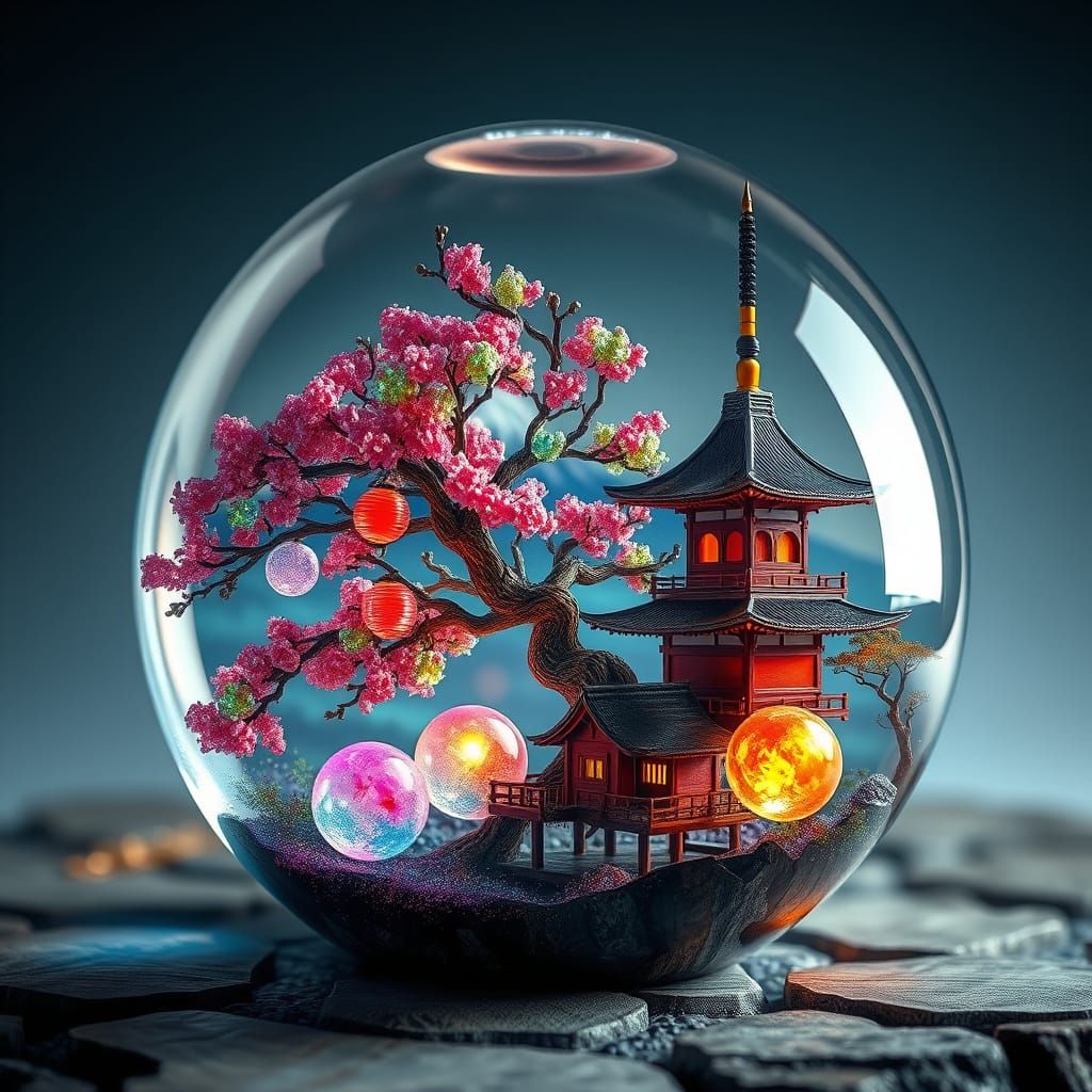 Japanese bonsai tree inside a majestic, ornate glass egg