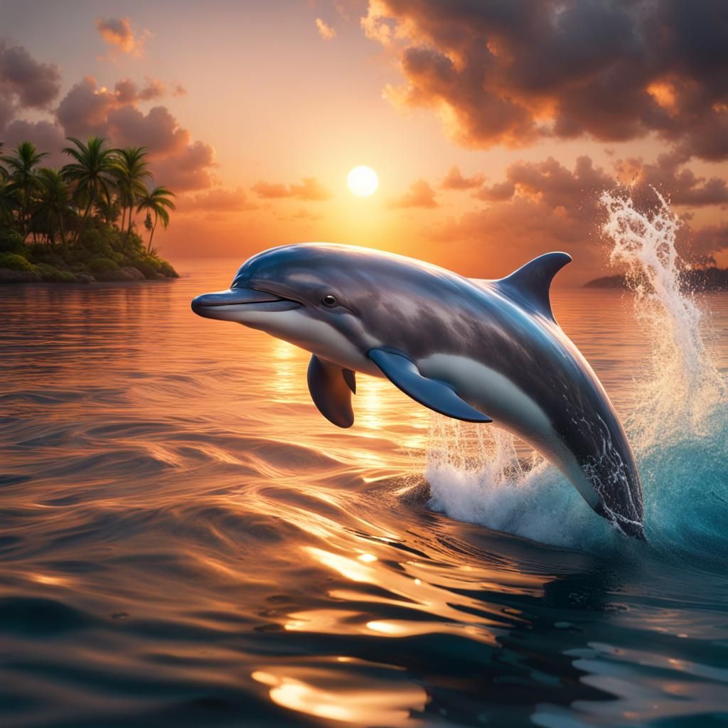 Majestic Dolphin in Tropical Lagoon at Sunset