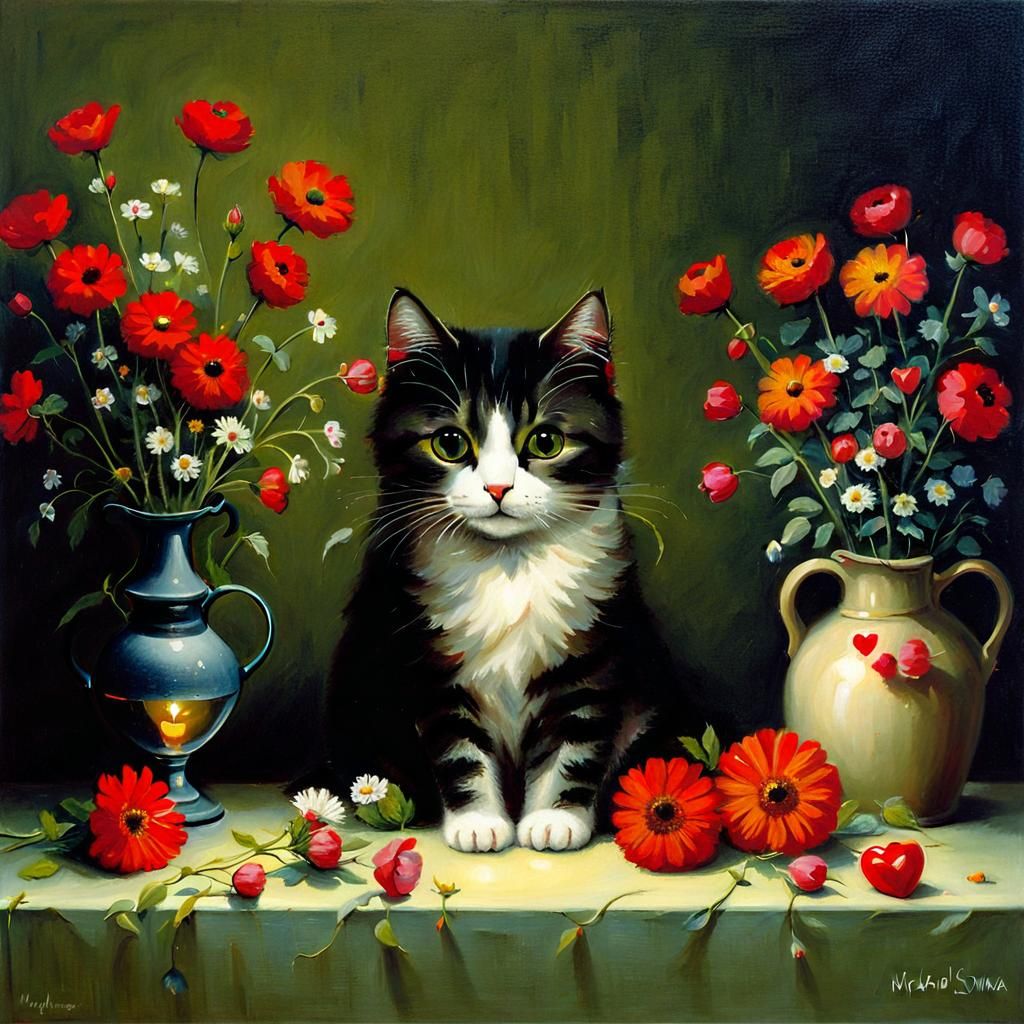 Whimsical Cat Surrounded by Blooming Flowers in a Dreamlike....