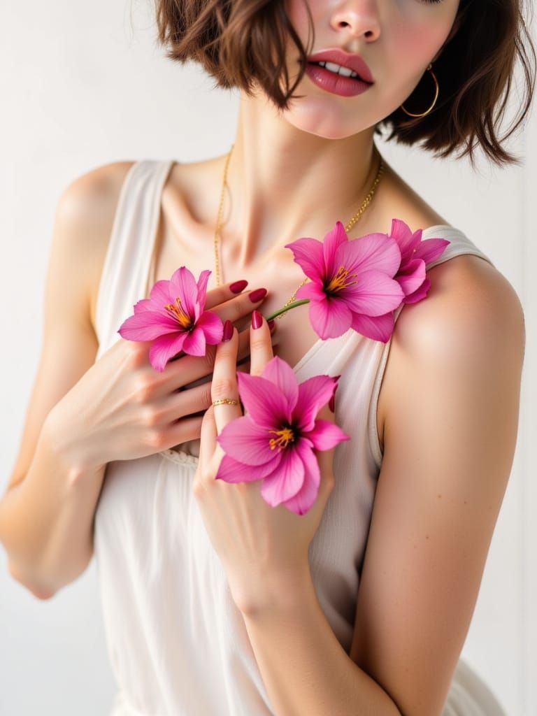 Feminine Portrait in Soft Pastel Colors with Vibrant Pink Fl...