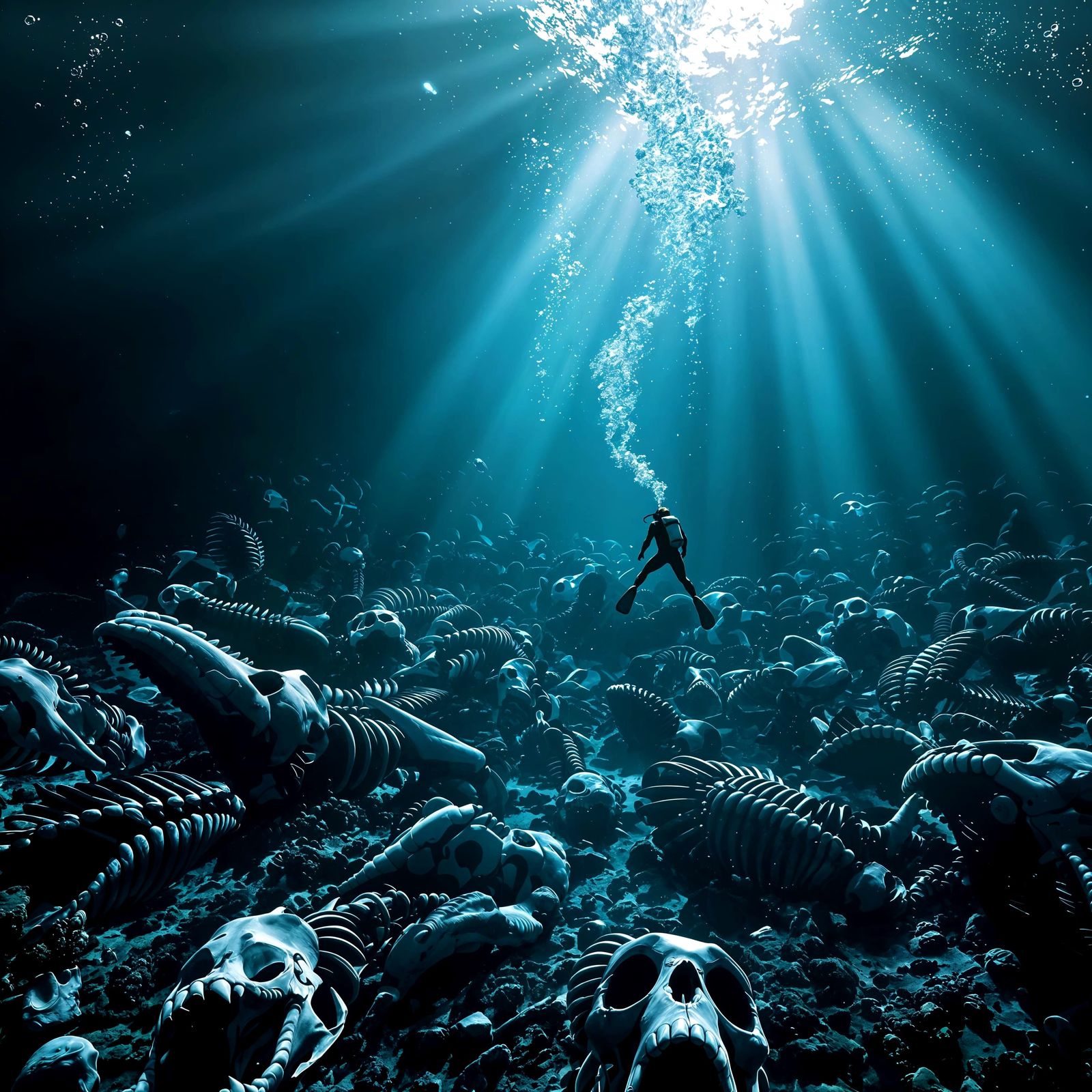 Scuba Diver Explores Whale Skeletons Beneath the Ocean's Sur...