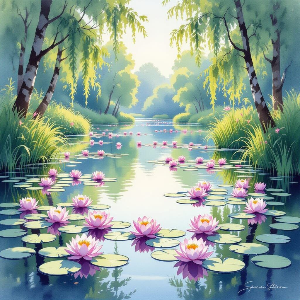 Serene Pond with Lotus Flowers in Watercolor Style
