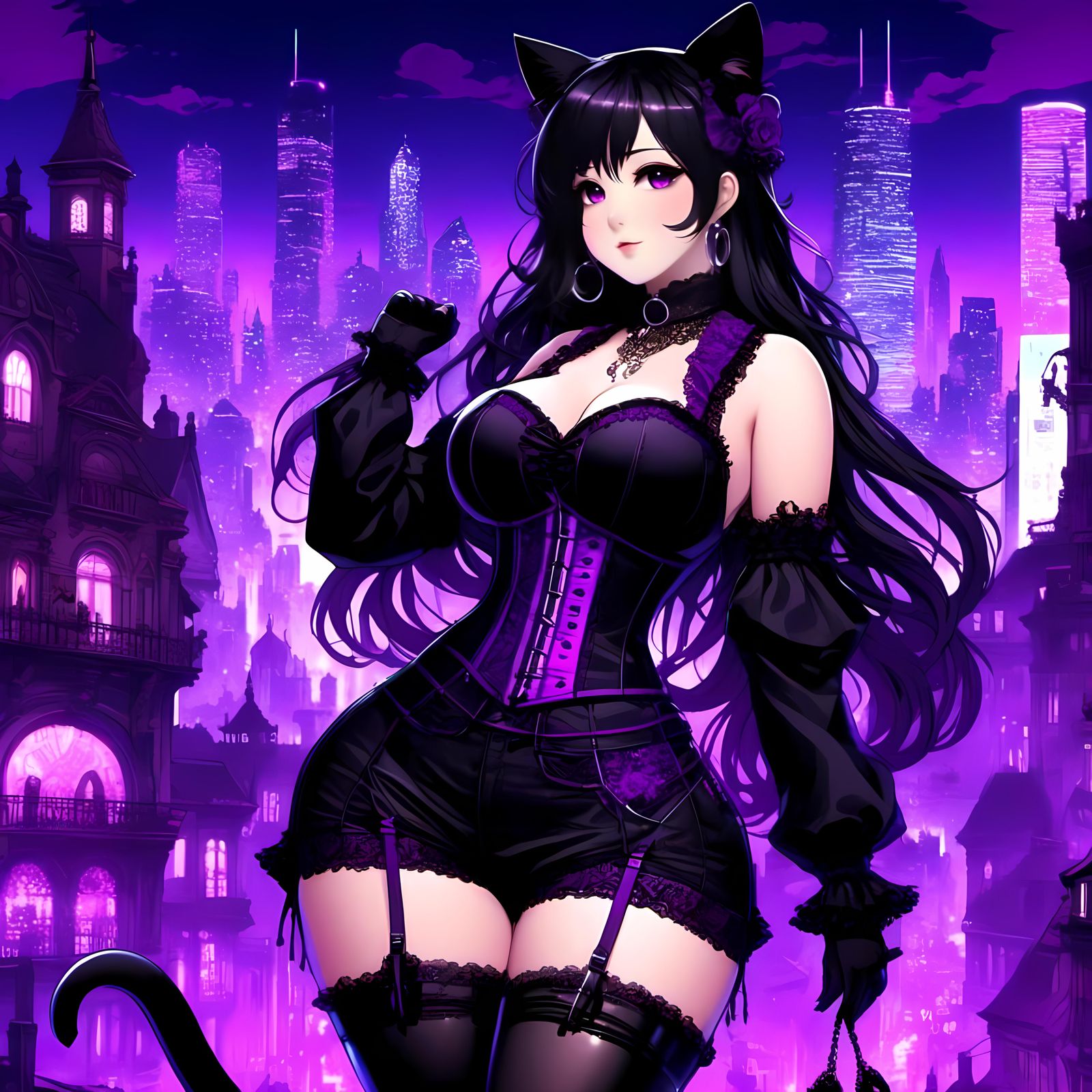 Japanese Cyberpunk Goddess in Purple Victorian Nightscapes