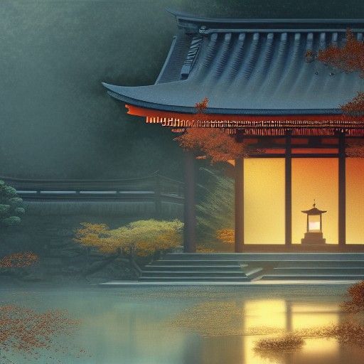 Surreal Autumn Temple in Japanese Splendor, a Hyperdetailed...