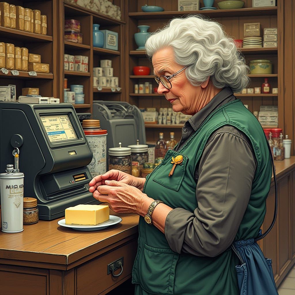 Grandma at the Grocery Store Cash Register, Holding Butter