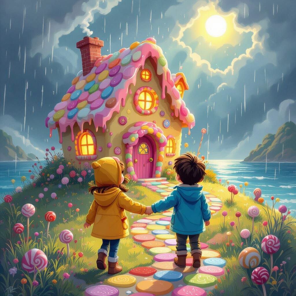 Children Discover Candy House on Island in Whimsical Style