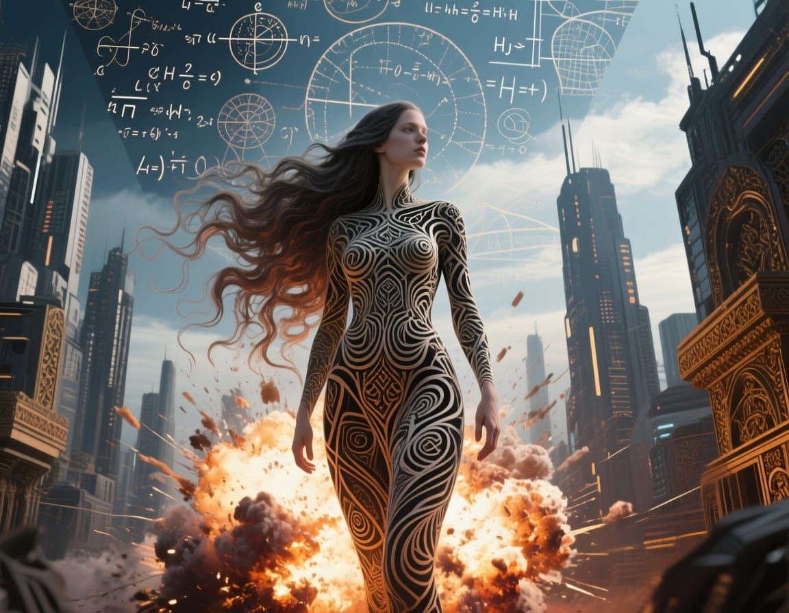 front view of A solitary female form intricate patterns of w...