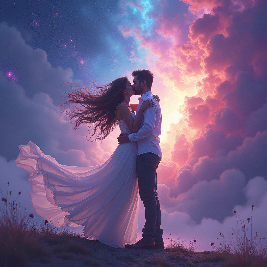 Ethereal Couple Embracing in Cosmic Nebula