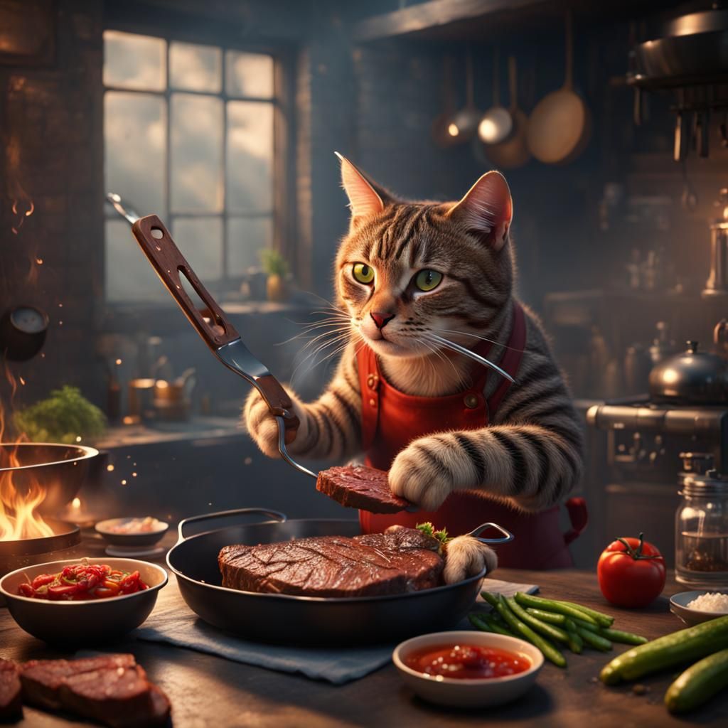 Tabby Cat Chef Cooks Sizzling Steak in Vibrant Fantasy Scene