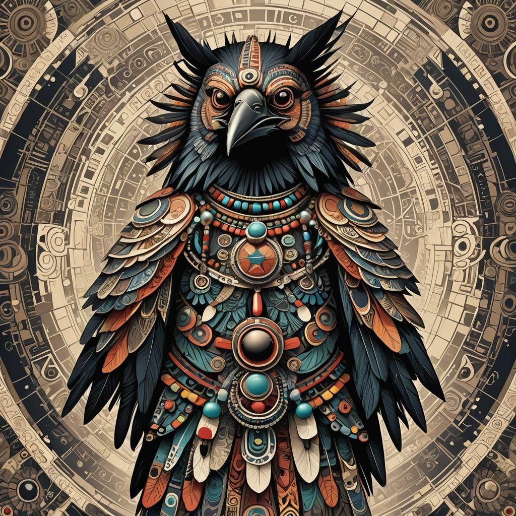 Mystical Crow Mother Kachina in Vibrant Abstract Fractal Sty...