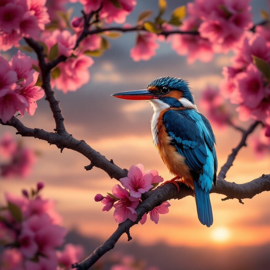 Kingfisher on Pink Blossom Tree at Sunset