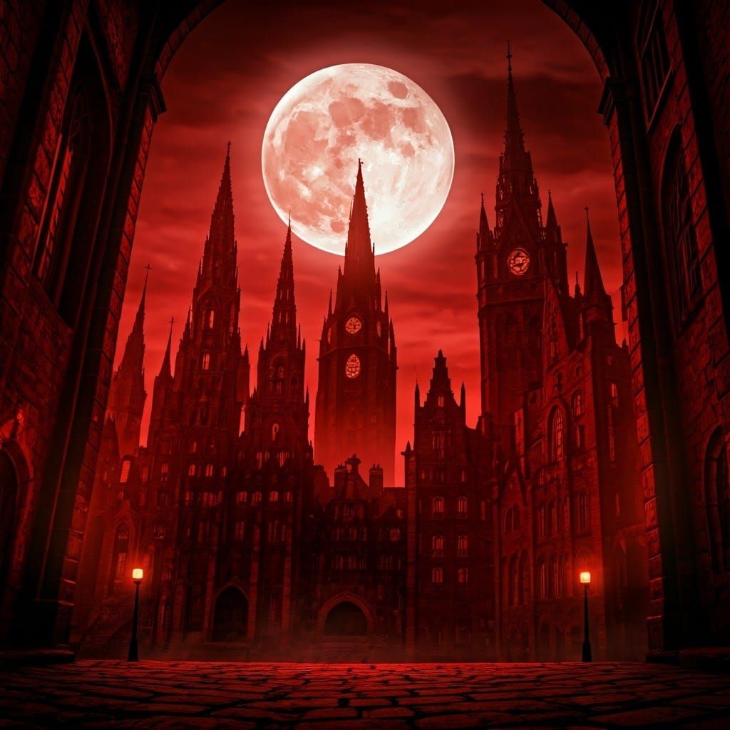 Dark Fantasy Cityscape Under Sickle Moon