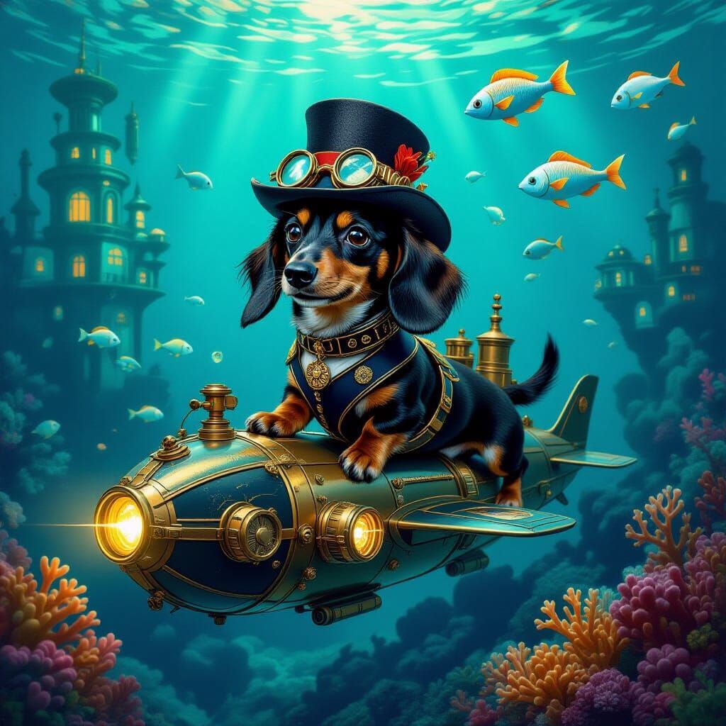Dachshund Commands Steampunk Submarines in Art Nouveau Style
