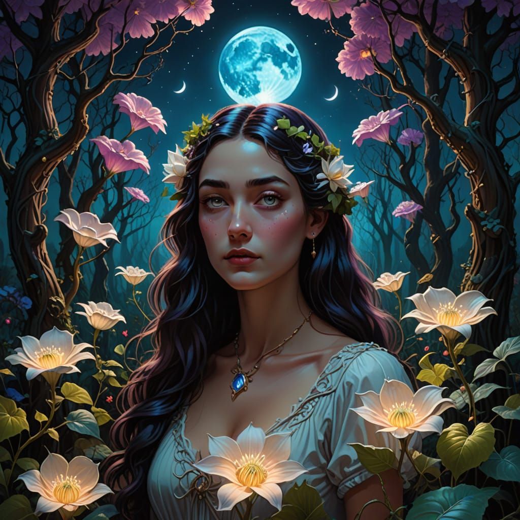 Surreal Blood Moon Goddess in Dreamlike Forest Scene
