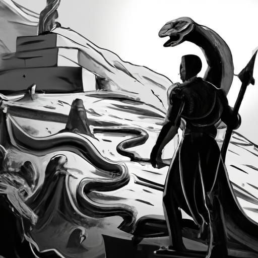 Dark Fantasy Snakeman Confronts a Marble Statue