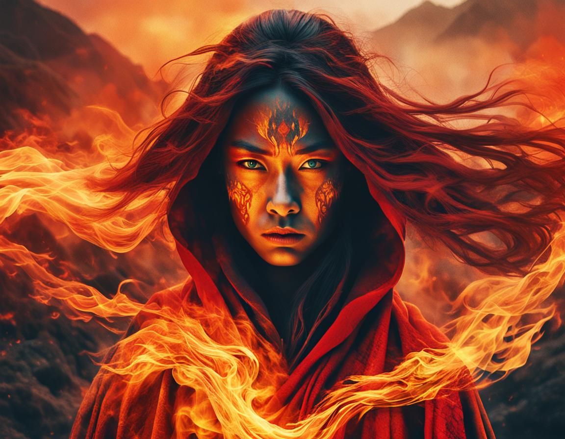 Intense Portrait of a Powerful Female Fire Mage