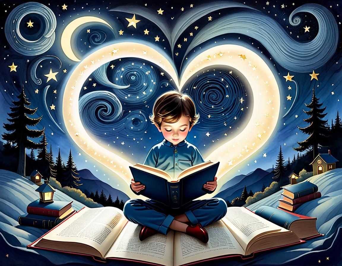 Whimsical Child Reading Under a Starry Night Sky